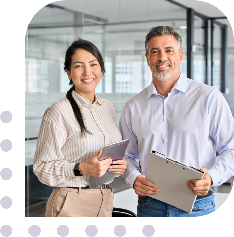 professional man and woman holding folder and tablet