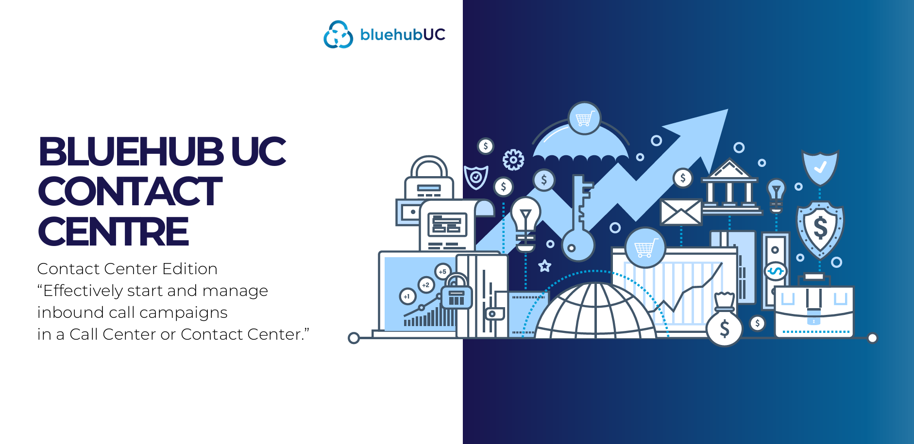 bluehubcloud uc contact centre with marketing icons and graph vector