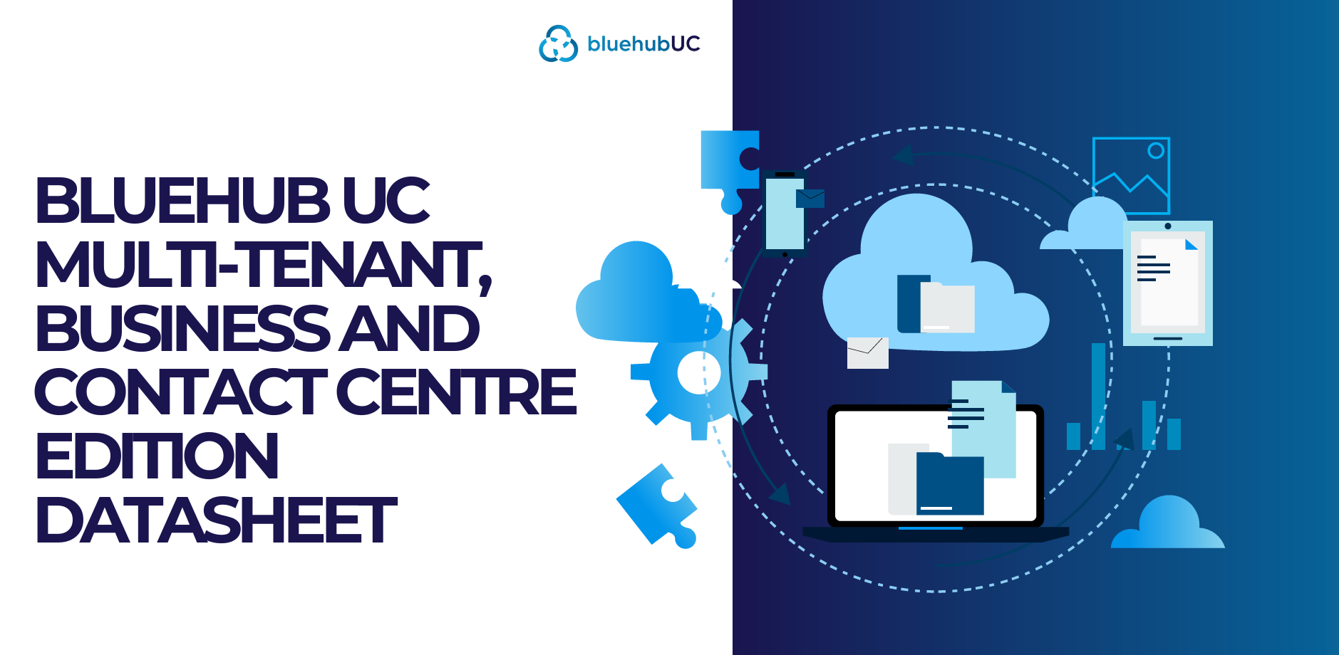 bluehubcloud uc multi-tenant, business and contact centre edition datasheet with cloud and laptop vector