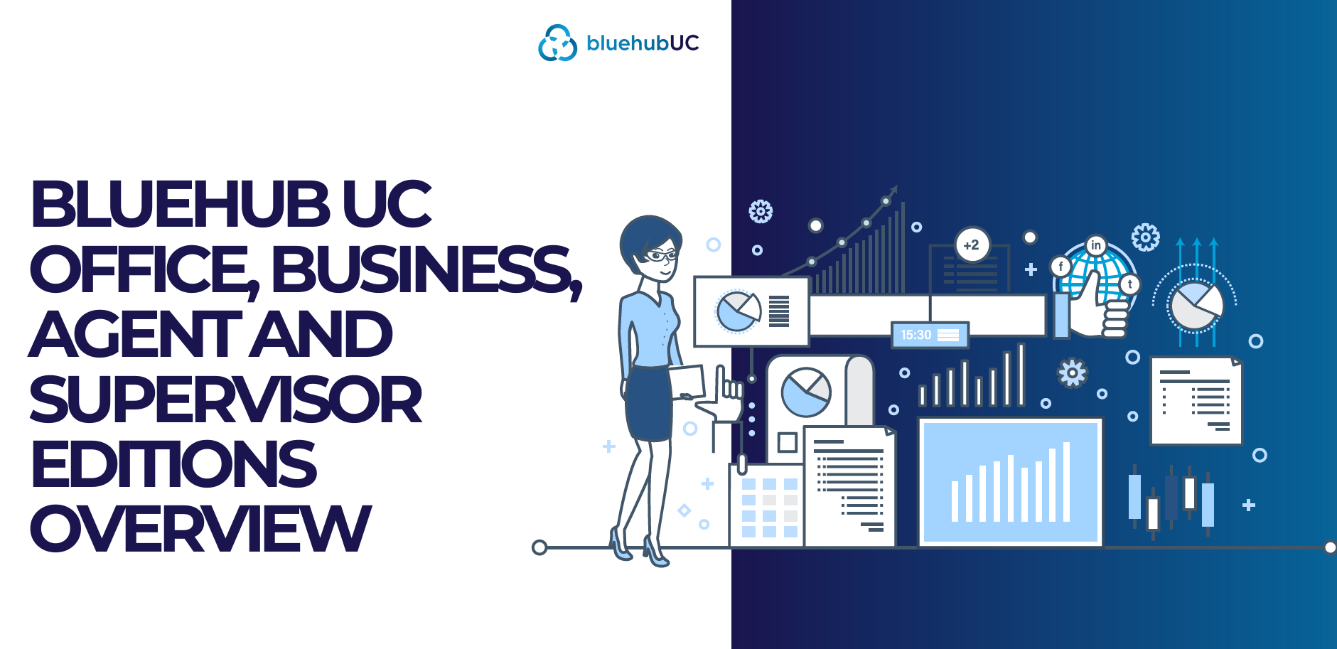 bluehubcloud uc office, business, agent and supervisor editions overview with vectorized woman with graphs and social media icons