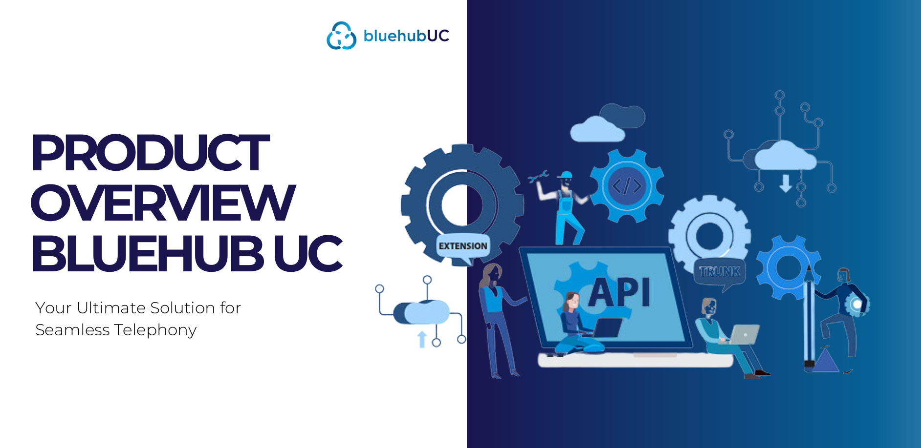 bluehubcloud overview with API vector image of gears and laptop