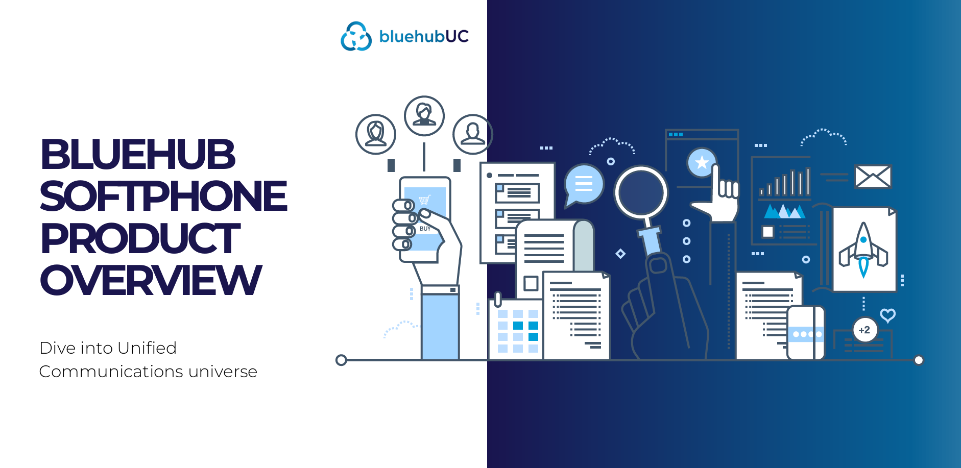 bluehubcloud softphone product overview with marketing icons